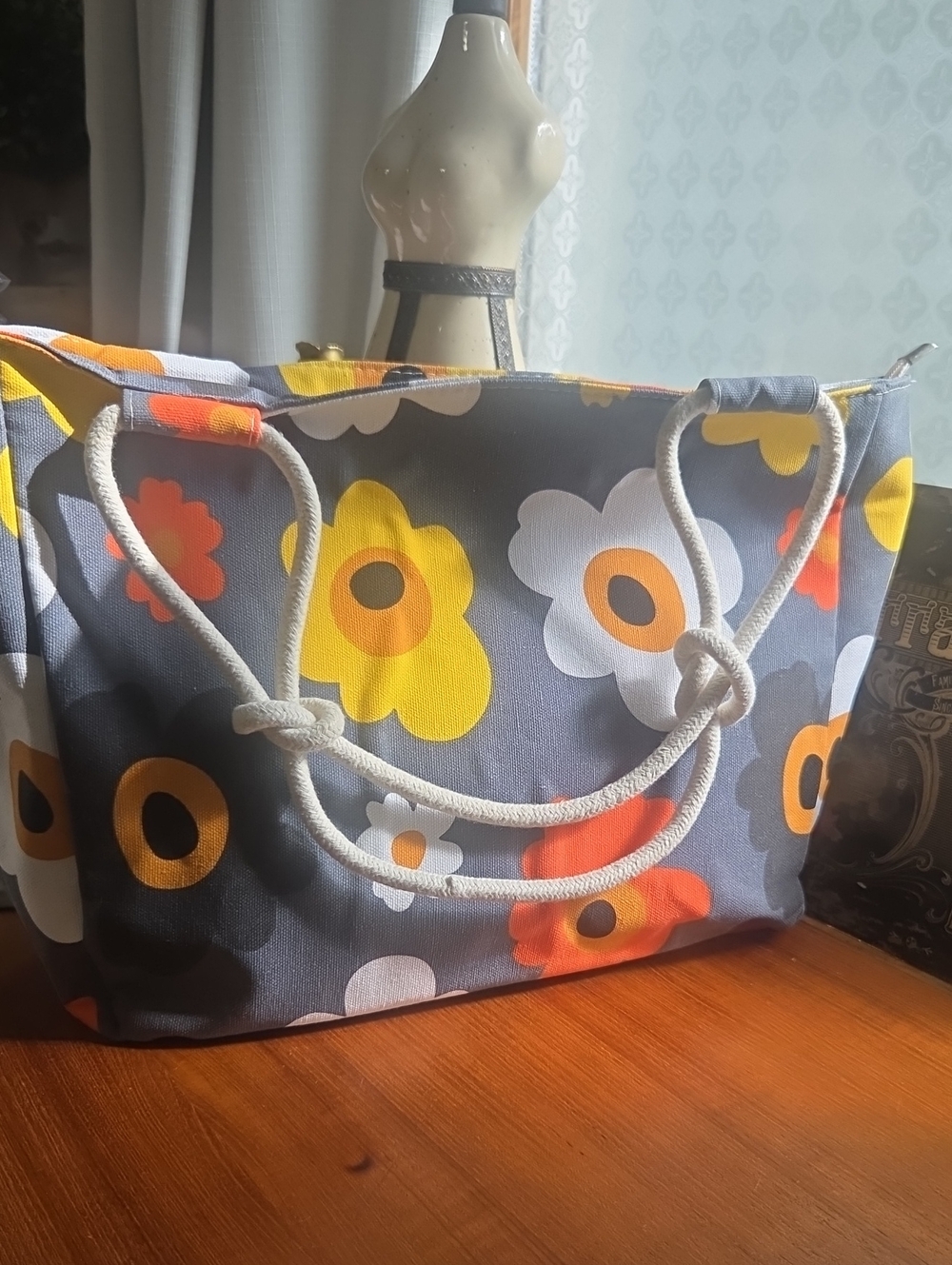 Floral Canvas Tote Bag in Gray, Yellow & Orange